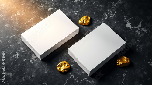 Blank business cards and gold nuggets arranged on a dark marble surface during daylight
