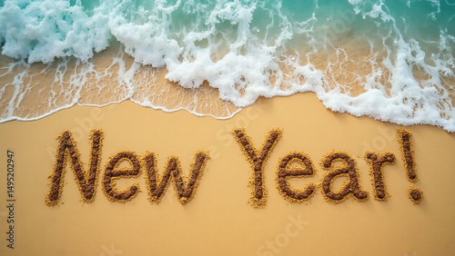 New Year celebration on a sandy beach with waves gently washing over the festive message