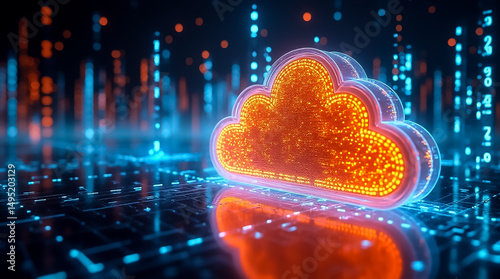 Cloud computing technology represented with vibrant digital artwork and glowing data streams in a futuristic setting
