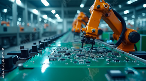 Robotic arms assembling circuit boards in a modern industrial factory environment during daytime operation