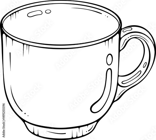 Empty mug for hot drinks. Ceramic or glass cup for coffee, tea, cappuccino. Vector illustration in hand drawn sketch style. Line art isolated on white for coloring book, print