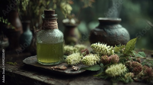 Alchemy Glass Vessel with Botanical Elixir: Dew-Kissed Hydrosol & Fresh Florals Cast in Mystery Green Hues for Apothecary Branding & Zen Interiors