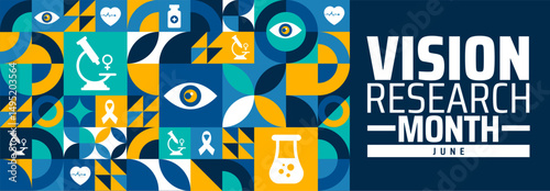 Vision Research Month Geometric shape pattern background banner or poster design template. observed every year in June. Holiday concept. Use to any Template, card, poster, placard, template.