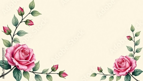 Delicate watercolor roses, climbing vines on cream background, white, summer, yellow