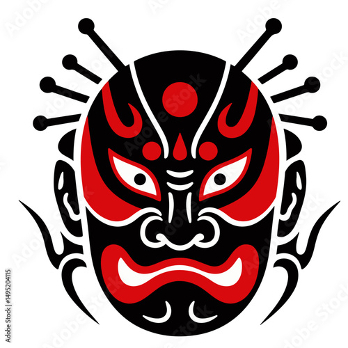 A stylized mask illustration in black and red, evoking a powerful and theatrical mood.