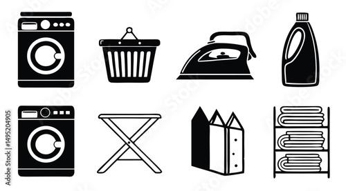 Laundry Icon Set – Minimalist Black Silhouette Symbols for Washing & Ironing