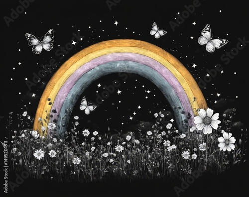 Pastel Rainbow Night Scene with Butterflies and Flowers