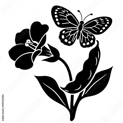 A black silhouette illustration of a butterfly perched on a flowering plant with a pea pod.