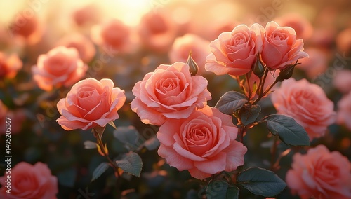 Peach Colored Roses in a Garden at Sunrise