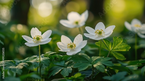The delicate beauty of anemones in the forest, their white petals contrasting against the deep green leaves and the soft light of early spring.