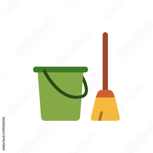 Minimalist bucket and broom artwork for cleaning supply presentation material