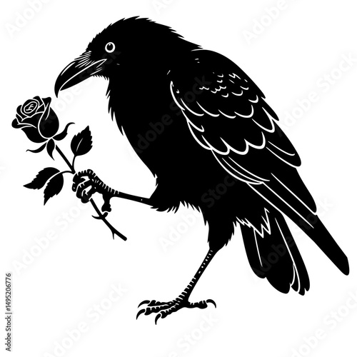 A raven holding a rose, illustrated in a black silhouette style.