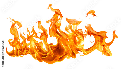Fiery orange flames burning bright isolated on white background