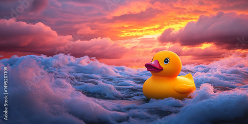 Yellow rubber duck floats in turbulent stormy sea waters Generative AI
