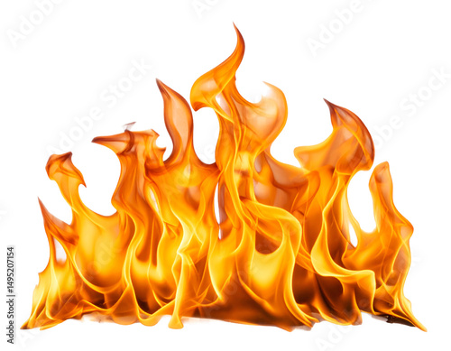 Fiery orange flames burning bright isolated on white