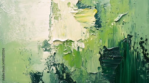 Green, beige oil painting revealing textured surface, brushstrokes blending abstract color tones across canvas