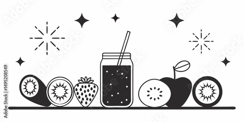 Glass icon set with wine bottle, champagne, fruit, and sweet drinks for healthy breakfast design