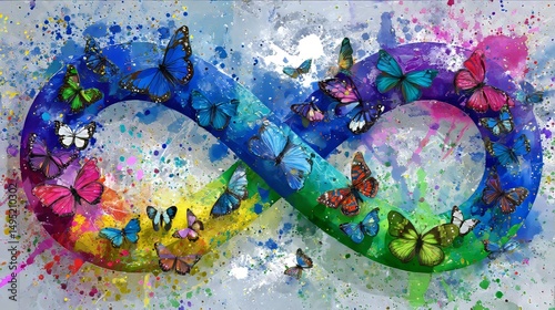 The autism symbol is depicted as stylized infinity signs resembling butterflies, set against a vibrant rainbow gradient