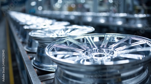 Automotive alloy wheel rims on factory conveyor in manufacturing plant 
