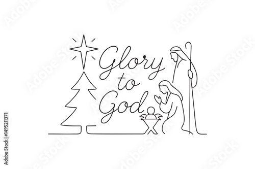 “Glory to God” Typography with some Christian Festival Elements continuous one line drawing minimalism design