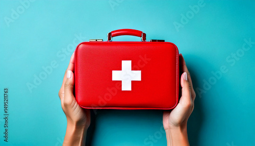 Top view of modern red first aid kit held by two hands on clean light blue background with copy space – Healthcare, emergency and safety concept

