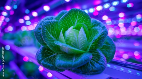 An indoor hydroponic farm is cultivating lettuce using LED lighting
