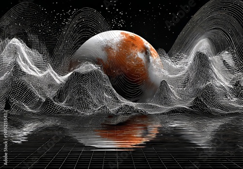 An 80s styled synthwave landscape is defined by its retro futuristic characteristics, including a sun and mountains, positioned in deep space with a sunrise taking place over the horizon of an alien