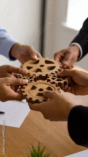 Close-up of hands holding interconnected wooden gears in an office environment, symbolizing teamwork and collaboration.

