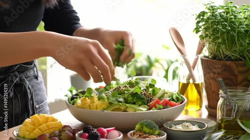 Creative salad preparation in a sunlit kitchen with fresh ingredients and vibrant colors