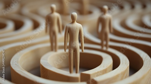 Wooden mannequin figures walking in a circular maze, a metaphor for life's repetitive journey.