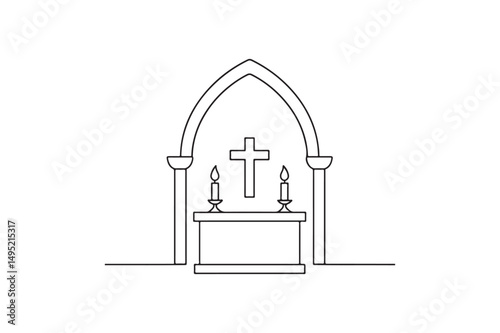 Church Interior with Altar and Candles continuous one line drawing minimalism design