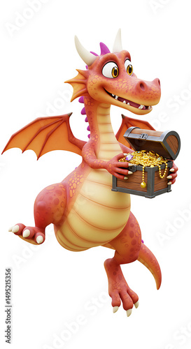 Cartoon dragon gleefully holds a treasure chest