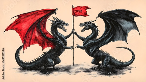 Fototapeta Vintage dragon fighting scene with treat flag