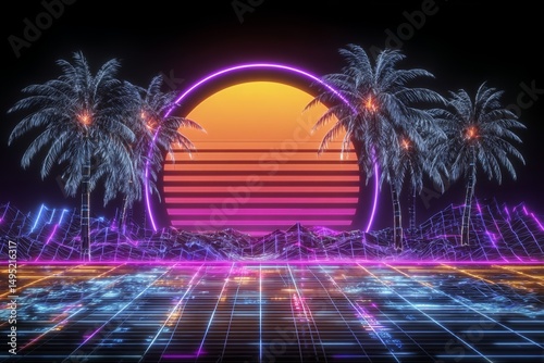 Step into the vibrant world of 80s vaporwave, where a dazzling gradient sun, stylized black palm trees, and a mesmerizing palette of retro neon colors converge to create the ultimate beach scene
