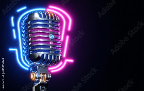 A vintage-style microphone is set aglow by vibrant neon lights, combining retro aesthetics with modern design elements in a colorful modern format