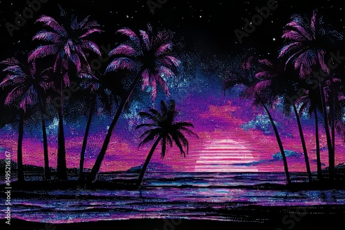 The scene depicts a retro sunset with 80s-inspired vaporwave colors, a gradient sun, stylized palm trees, and a neon abstract landscape that embodies a nostalgic synthwave vibe