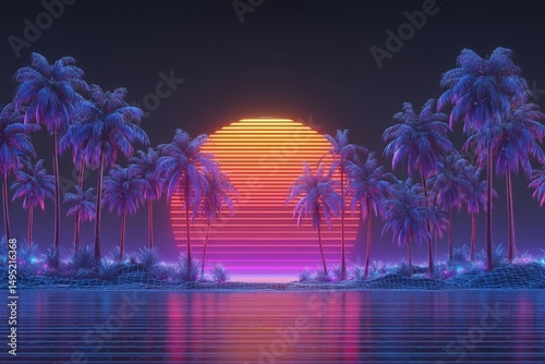 Experience the epitome of 80s vaporwave with a radiant gradient sun, stylized black palm trees, and vintage neon hues on a breathtaking beach scene