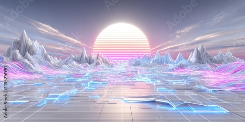 A futuristic landscape at sea, reminiscent of the 1980s, features a retro background with digital cyber surfaces and elements of retro music album covers, including sun, space, and mountains, evoking
