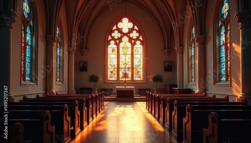 Serene church interior, stained glass illuminating quiet sanctuary Peaceful prayer space , solemnity, spiritual center, altar
