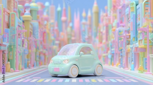 A car with a futuristic design and neon lights is driving down a street lined with houses of bright colors