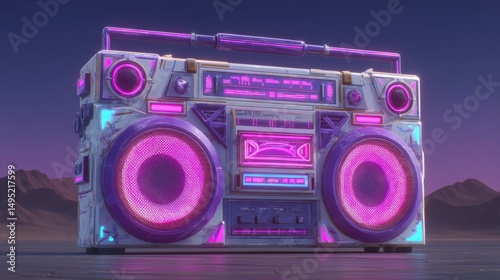 Against a dazzling pink and purple sunset with mountains in the distance, a retro boombox with radiant speakers sits atop a sleek, reflective surface