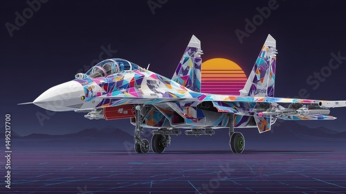 A low-poly fighter jet set against a backdrop of mountains during sunset, rendered in an 80s retro synthwave style