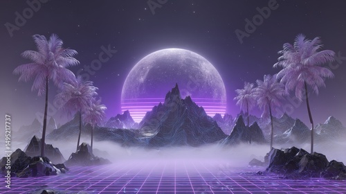 A retro futuristic background featuring tropical sunset, synthwave mountains, palm trees, and a digital grid overlay