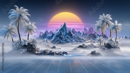 This retro futuristic background combines the natural elements of a tropical sunset, synthwave mountains, and palm trees with a digital grid overlay