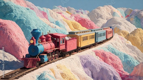 Retro Steam Engine in Chromatic Wonderland: Candy-Hued Mountains & Prismatic Rails Under Noonday Glow for Children's Book Art & Brand Escapism