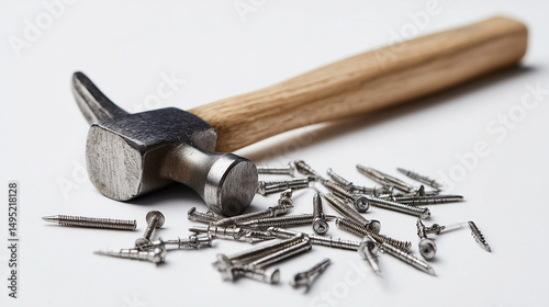 A clean, well-lit image of a hammer and nails arranged neatly, isolated on a white background. 