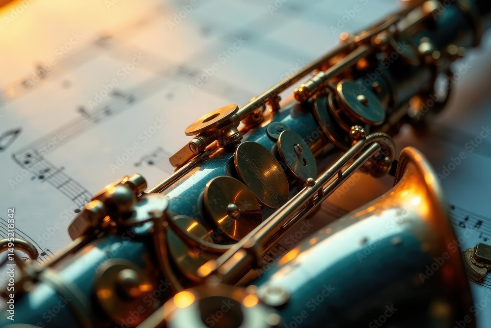Obraz premium Close-up of a saxophone, jazz notes on sheet music , light, jazz, notes