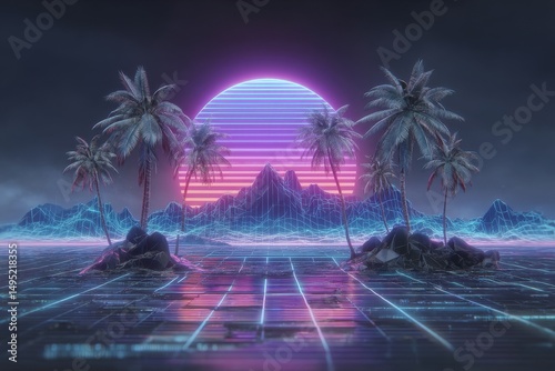 Retro Synthwave Style is the backdrop for Nostalgic Vaporwave Popsicle Art depicting an 80s Beach Scene