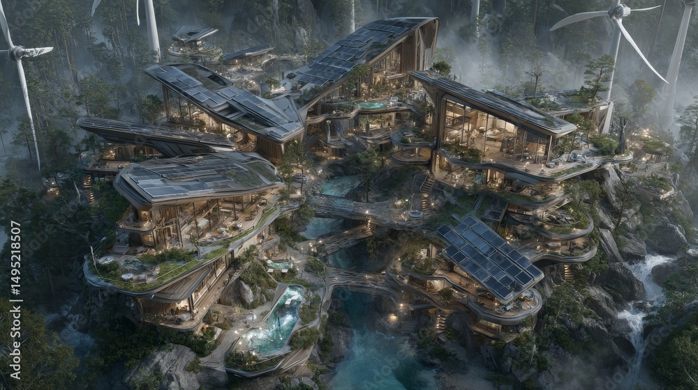 Fototapeta premium The concept of a sustainable eco-village signifies the future of green living through the use of solar and wind power