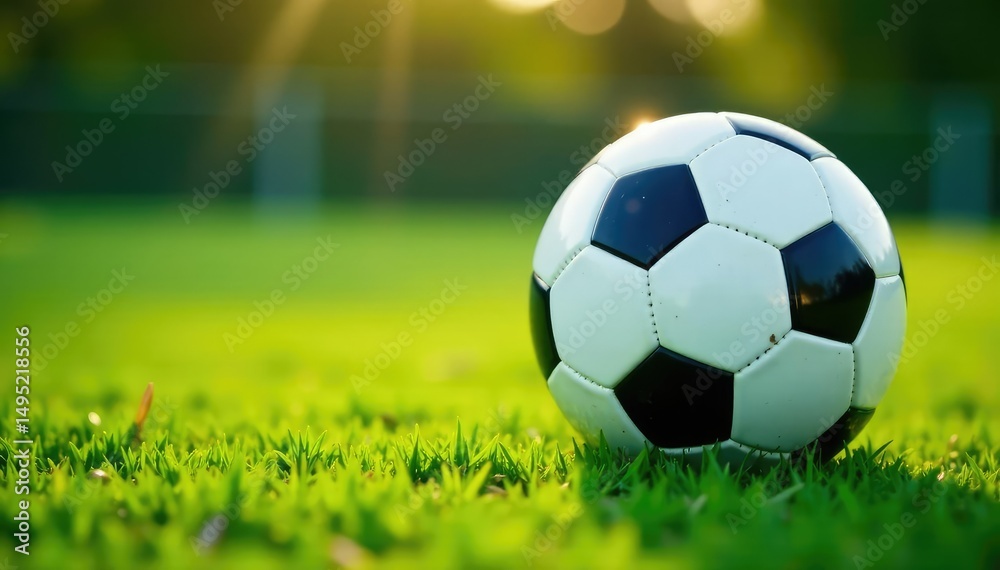 Fototapeta premium Close-up of a soccer ball on a green field, ready for a kick , fitness, skill, athletic